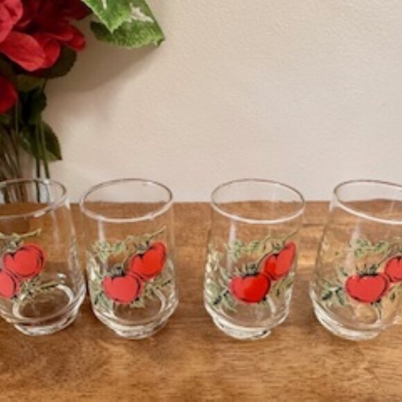 Vintage Dominion Glass Tomato Juice Tumblers Set of 4 Red Tomato Print Retro Dri - Picture 2 of 5
